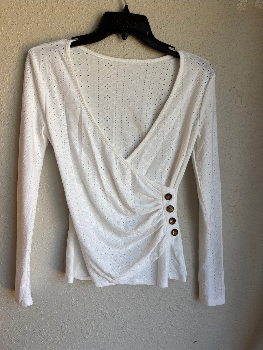 Women’s White Wrap-Style Long Sleeve Top with Button Detail